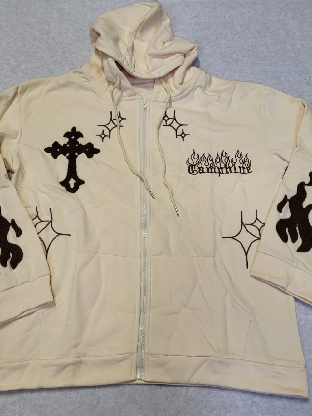 Y2K Hoodie Retro Hip Hop Jacket Gothic Embroidery Zip Up Sweatshirt Small